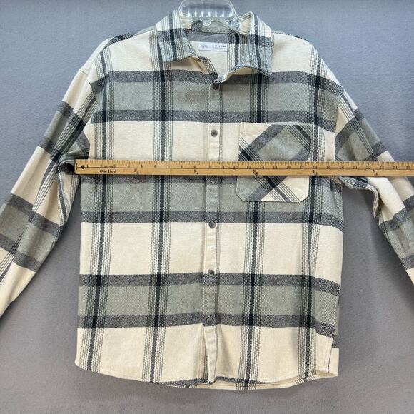 Zara Button Down Top Women's Size 13/14 Beige Plaid Woven Long Sleeve Flannel - Picture 3 of 10
